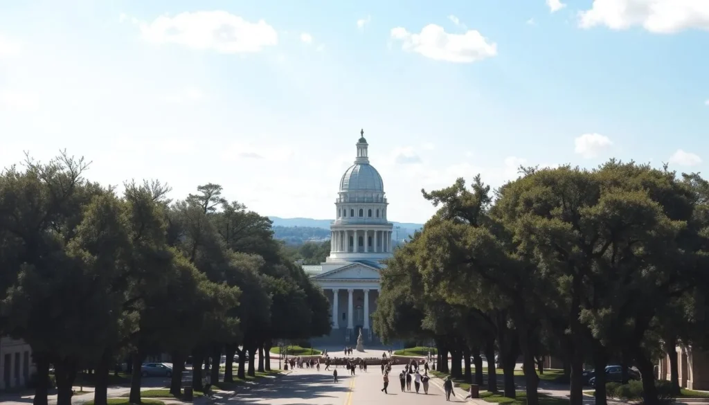A picturesque scene of Tallahassee, Florida's capital city, under a bright, sun-dappled sky. In the foreground, the majestic State Capitol building stands tall, its distinctive dome and neoclassical architecture commanding attention. The surrounding streets are lined with stately oak trees, their branches casting soothing shadows. In the middle ground, people stroll along the sidewalks, enjoying the lively atmosphere of the city center. In the background, the rolling hills of the Florida Panhandle provide a scenic backdrop, hinting at the natural beauty that surrounds the vibrant urban landscape. Capture the essence of this thriving capital, where history, politics, and modern life seamlessly converge.