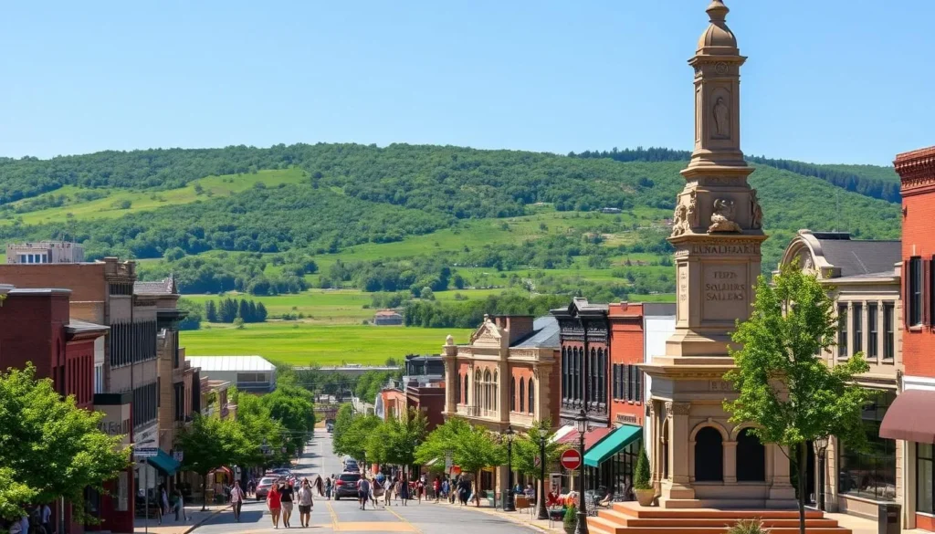 A picturesque scene of Terre Haute, Indiana on a pleasant sunny day. In the foreground, the iconic Soldiers and Sailors Monument stands tall, its ornate architecture bathed in warm light. In the middle ground, people stroll along the vibrant downtown streets, browsing the local shops and cafes. In the background, the lush green hills and serene Wabash River create a tranquil, pastoral backdrop. The cityscape is captured with a wide-angle lens, showcasing the harmony between the historic landmarks and the natural environment that makes Terre Haute a hidden gem in Indiana. A picturesque scene of Terre Haute, Indiana on a pleasant sunny day. In the foreground, the iconic Soldiers and Sailors Monument stands tall, its ornate architecture bathed in warm light. In the middle ground, people stroll along the vibrant downtown streets, browsing the local shops and cafes. In the background, the lush green hills and serene Wabash River create a tranquil, pastoral backdrop. The cityscape is captured with a wide-angle lens, showcasing the harmony between the historic landmarks and the natural environment that makes Terre Haute a hidden gem in Indiana.