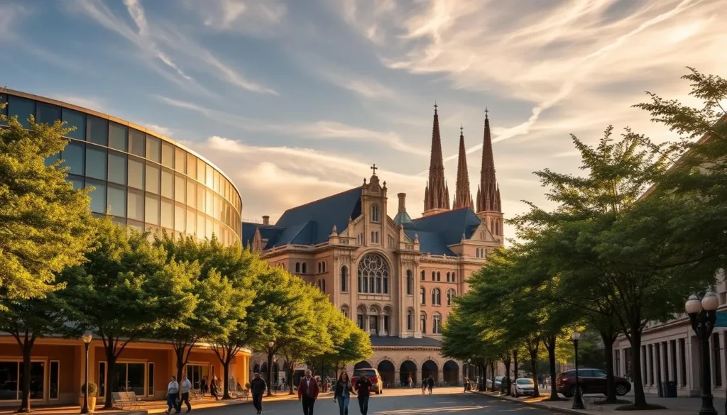 A picturesque scene of Terre Haute's top attractions on a pleasant, sun-dappled day. In the foreground, the iconic Hulman Center, a modern arena hosting sports and entertainment events. In the middle ground, the grand Vigo County Courthouse, its ornate architecture casting shadows across the bustling downtown streets. In the background, the soaring spires of the St. Benedict's Cathedral, its gothic design a testament to the city's rich history. Pedestrians stroll along the tree-lined sidewalks, creating a vibrant, lively atmosphere. Warm, golden lighting filters through wispy clouds, imbuing the scene with a serene, welcoming ambiance. A picturesque scene of Terre Haute's top attractions on a pleasant, sun-dappled day. In the foreground, the iconic Hulman Center, a modern arena hosting sports and entertainment events. In the middle ground, the grand Vigo County Courthouse, its ornate architecture casting shadows across the bustling downtown streets. In the background, the soaring spires of the St. Benedict's Cathedral, its gothic design a testament to the city's rich history. Pedestrians stroll along the tree-lined sidewalks, creating a vibrant, lively atmosphere. Warm, golden lighting filters through wispy clouds, imbuing the scene with a serene, welcoming ambiance.