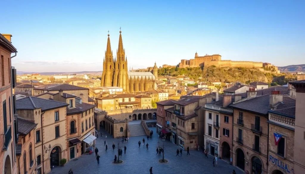 A picturesque scene of Toledo's historic city center on a pleasant day. In the foreground, cobblestone streets lined with ancient stone buildings and charming plazas. Middle ground features the iconic Cathedral of Toledo, its soaring Gothic spires reaching towards a bright, azure sky. Surrounding the cathedral, a maze of narrow alleyways, archways, and quaint shops, all bathed in warm, golden light. In the background, the Tagus River winds through the hilly landscape, with the iconic Alcázar fortress perched atop a craggy outcrop. The overall atmosphere is one of timeless beauty, history, and tranquility.