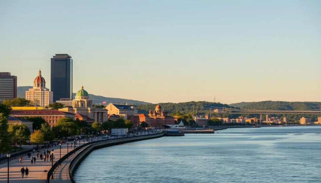 A picturesque scene of Yonkers, New York, nestled along the serene Hudson River. In the foreground, a lively riverfront promenade bustles with people strolling, cycling, and enjoying the scenic views. Towering skyscrapers and historic buildings dot the middle ground, their architectural details illuminated by warm, golden sunlight. In the background, verdant hills and rolling landscapes create a serene and inviting atmosphere, hinting at the natural beauty that surrounds this vibrant city. The overall mood is one of discovery, with a sense of tranquility and excitement to explore this hidden gem in Westchester County.