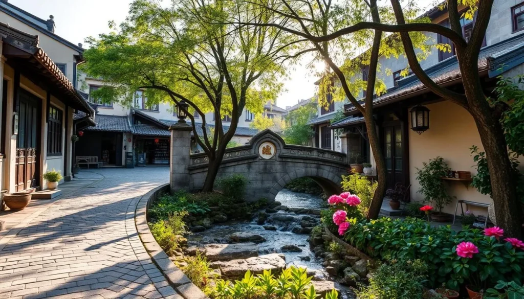 A picturesque scene of Zhujiajiao's ancient North Street on a pleasant day. The cobbled pathway meanders through a quaint, historical setting, flanked by traditional Chinese architecture with tiled roofs and ornate facades. Trickling streams and arched stone bridges add to the serene ambiance, while lush greenery and vibrant flora lend a touch of tranquility. Sunlight filters through the canopy of trees, casting a warm, golden glow over the tranquil scene. Capture the timeless charm and peaceful atmosphere of this treasured ancient thoroughfare.