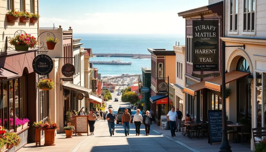 A picturesque scene of downtown Half Moon Bay on a sunny California day. The quaint main street is lined with charming boutiques, cafes, and local businesses, their facades adorned with flower boxes and vintage signs. People stroll along the sidewalks, browsing the shops and dining al fresco. In the background, the iconic Pillar Point Harbor and the sparkling Pacific Ocean provide a breathtaking coastal backdrop. The scene is bathed in warm, golden light, creating a relaxed, inviting atmosphere that captures the essence of this charming seaside town.