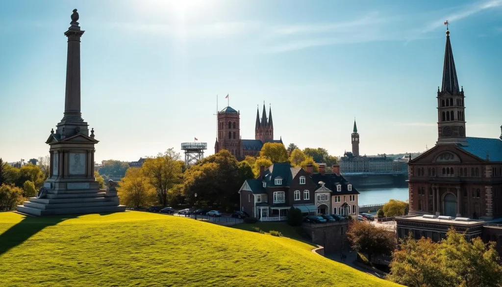 A picturesque scene of historic Dubuque landmarks on a sun-dappled day. In the foreground, the grand, Neo-Renaissance style of the Julien Dubuque Monument stands tall, its ornate architecture casting shadows on the lush, verdant lawn. In the middle ground, the iconic Fenelon Place Elevator winds up the steep bluff, offering breathtaking views of the Mississippi River and the quaint, Victorian-era buildings lining the riverfront. In the background, the soaring spires of the Cathedral of St. Raphael and the Romanesque-style Old Main building of the University of Dubuque create a picturesque skyline, bathed in warm, golden light. The scene exudes a sense of timeless elegance and historic charm.