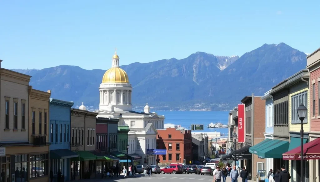 A picturesque scene of historic downtown Juneau, Alaska on a bright, sunny day. In the foreground, charming buildings with colorful facades and quaint storefronts line the streets, their architecture reflecting the region's frontier heritage. Pedestrians stroll along the sidewalks, taking in the lively atmosphere. In the middle ground, the iconic gold-domed Alaska State Capitol building stands tall, its gleaming dome catching the daylight. In the background, the majestic Gastineau Channel and lush, rugged mountains create a stunning natural backdrop, showcasing Juneau's breathtaking coastal setting. The scene conveys a sense of timeless, small-town character and the unique blend of history, culture, and awe-inspiring natural beauty that defines Juneau's vibrant downtown.