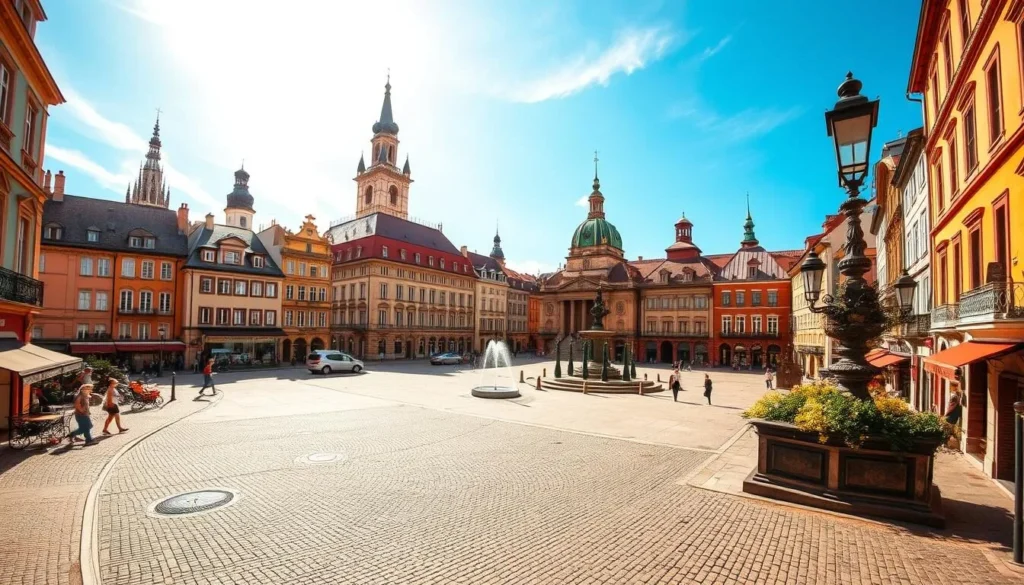 A picturesque scene of historical buildings in Nancy, France on a bright, sunny day. In the foreground, a charming old town square with cobblestone streets and colorful, ornate facades. In the middle ground, the iconic Stanislas Square with its grand, elegant architecture and ornamental fountains. In the background, the spires and domes of medieval churches and historic landmarks rise above the rooftops, bathed in warm, golden light. Capture the timeless beauty and rich heritage of this stunning French city through a wide-angle, high-resolution lens.