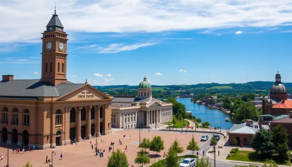 A picturesque scene of iconic Utica attractions on a bright, sunny day. In the foreground, the striking, neo-Romanesque Utica Union Station stands tall, its grand façade and clock tower casting long shadows across the bustling plaza. Nearby, the historic Oneida County Courthouse's stately columns and dome come into view. In the middle ground, the tranquil Genesee River flows by, with the distinctive domed roof of the Stanley Theater visible in the distance. The background showcases the rolling hills and lush greenery that surround Utica, creating a serene and inviting atmosphere. The image is captured with a wide-angle lens, offering a comprehensive view of the city's most beloved landmarks on a picturesque summer day.