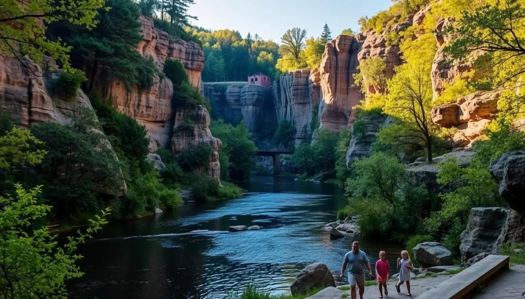A picturesque scene of the Wisconsin Dells, showcasing its natural beauty. A serene river winds through towering sandstone cliffs, their rugged facades sculpted by time and the elements. Lush, verdant forests frame the landscape, their canopy casting dappled shadows across the tranquil waters. In the foreground, a family explores the area, marveling at the region's unique geological formations and enjoying the warm, golden sunlight that bathes the scene. The mood is one of tranquility and wonder, capturing the essence of the "Discovering the Charm of Wisconsin Dells" experience.