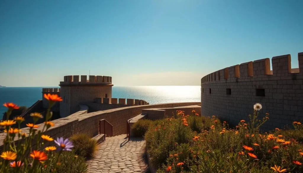 A picturesque scene of the ancient ramparts of Antibes, France, set against a clear, azure sky. The sturdy stone walls, adorned with crenellations, rise majestically, casting long shadows across the cobblestone path that winds alongside. In the foreground, vibrant wildflowers sway gently in the coastal breeze, while in the distance, the sparkling Mediterranean Sea glistens. The lighting is warm and golden, highlighting the weathered texture of the ramparts and creating a serene, historical ambiance. Capture this timeless tableau of Antibes' storied past, inviting the viewer to step back in time and imagine strolling along these ancient fortifications.