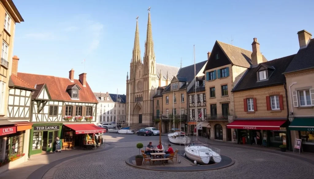 A picturesque scene of the historic city center of La Rochelle, France, captured on a pleasant sunny day. In the foreground, charming cobblestone streets are lined with iconic stone buildings with timber-framed facades and colorful shutters. Quaint boutiques, cafes, and local shops dot the scene, inviting visitors to explore. The middle ground features the striking Romanesque-Gothic architecture of the Saint-Nicolas Church, its soaring spires and intricate stone carvings casting shadows across the square. In the background, the serene waters of the old harbor glisten, with traditional fishing boats and yachts moored at the docks. A warm, inviting atmosphere permeates the scene, showcasing the timeless allure of this historic city center.