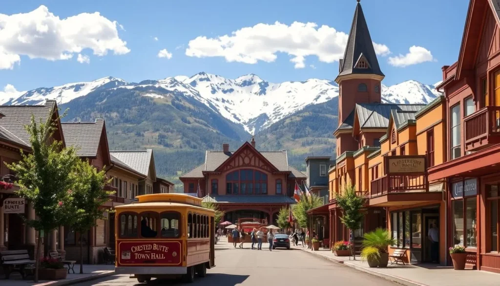 A picturesque scene of the historic town of Crested Butte, Colorado, on a bright, sunny day. In the foreground, a quaint, vintage-style trolley or shuttle bus traverses the charming main street, lined with colorful Victorian-era buildings and lush, blooming flowers. The middle ground showcases the iconic Gothic-style Crested Butte Town Hall, surrounded by a lively pedestrian plaza. In the background, the majestic Elk Mountains rise, their snow-capped peaks creating a stunning natural backdrop. The lighting is warm and golden, capturing the vibrant, welcoming atmosphere of this quintessential Rocky Mountain town.