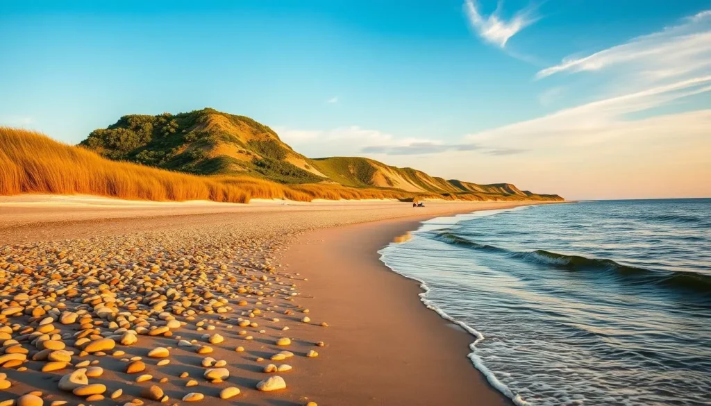 A picturesque scene of the tranquil Lake Michigan shoreline in Wisconsin. A serene stretch of sandy beach, dotted with smooth pebbles, extends into the distance. Gently lapping waves caress the shore, their rhythmic movements creating a soothing ambiance. Towering dunes, covered in lush greenery, rise up in the background, casting soft shadows across the landscape. The warm, golden sunlight bathes the scene, creating a welcoming, inviting atmosphere. A clear, azure sky stretches overhead, with a few wispy clouds drifting lazily. The overall mood is one of peaceful solitude, inviting the viewer to pause and soak in the natural beauty of this picturesque Lake Michigan shoreline.
