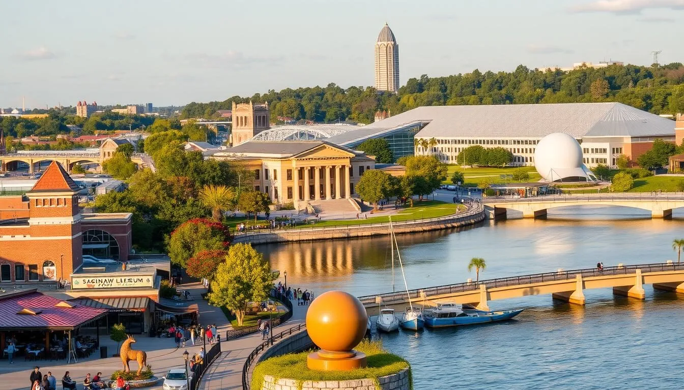 A picturesque scene showcasing the vibrant attractions of Saginaw, Michigan on a pleasant day. In the foreground, a bustling riverfront promenade lined with lively restaurants, boutiques, and public art installations. In the middle ground, the iconic Saginaw Art Museum, its grand neoclassical architecture bathed in warm, golden sunlight. Beyond, the tranquil Saginaw River winds through the cityscape, flanked by verdant parks and historic bridges. In the distance, the sleek, modern façade of the Saginaw Children's Zoo rises, surrounded by lush greenery. The scene exudes a welcoming, upbeat atmosphere, showcasing Saginaw's diverse array of cultural, recreational, and entertainment offerings.