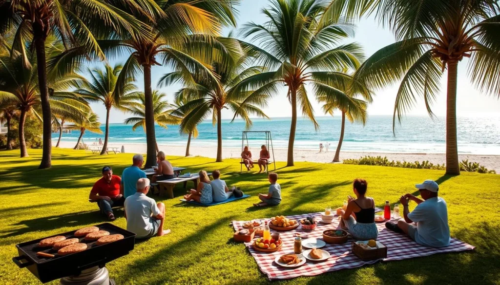A picturesque seaside picnic area on Peanut Island, Florida. A lush green lawn stretches out towards the glistening turquoise waters of the Atlantic Ocean. Families and friends gather under the shade of swaying palm trees, enjoying a delicious al fresco meal. The scene is bathed in warm, golden sunlight, creating a cozy, inviting atmosphere. In the foreground, a group of people are gathered around a charcoal grill, cooking up tasty burgers and hot dogs. Nearby, a checkered picnic blanket is laid out, laden with platters of fresh fruit, sandwiches, and other picnic fare. In the middle ground, children play on a swing set, their laughter filling the air. The background features the island's iconic white sand beaches and the distant horizon, where the ocean meets the sky in a seamless blend of blues.