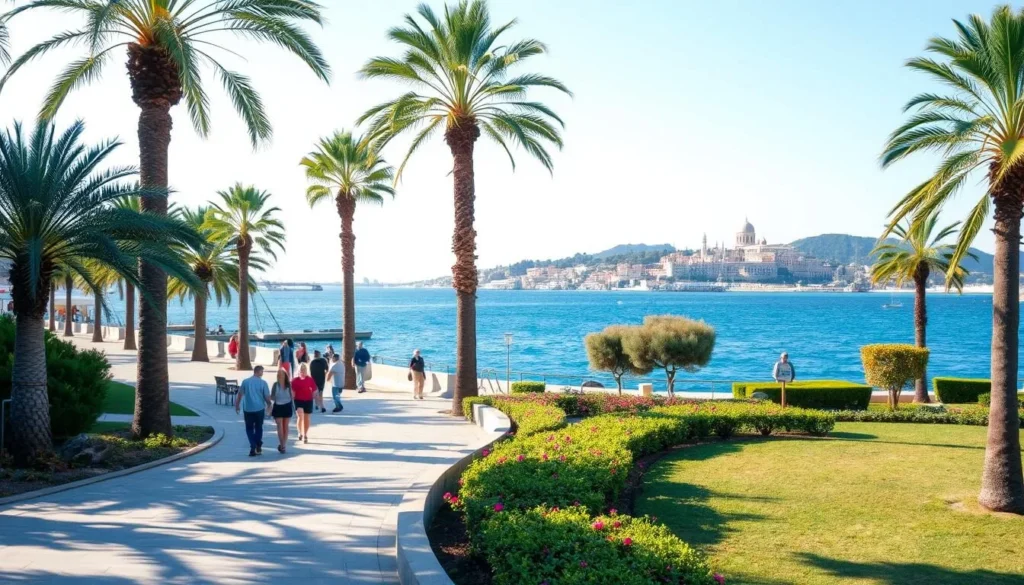 A picturesque seaside promenade in Nafplio, Greece, with a gently curving path flanked by palm trees swaying in the breeze. In the foreground, people leisurely stroll along the stone-paved walkway, enjoying the sea views and the warm, Mediterranean sunshine. The middle ground features lush greenery, including flowering shrubs and well-manicured lawns, creating a serene and tranquil atmosphere. In the background, the azure waters of the Gulf of Argolis stretch out, with the historic buildings of Nafplio's old town visible in the distance. The lighting is soft and natural, casting a warm, golden glow over the scene. The overall mood is one of relaxation and contemplation, inviting the viewer to imagine themselves immersed in the peaceful ambiance of Arvanitia Promenade.