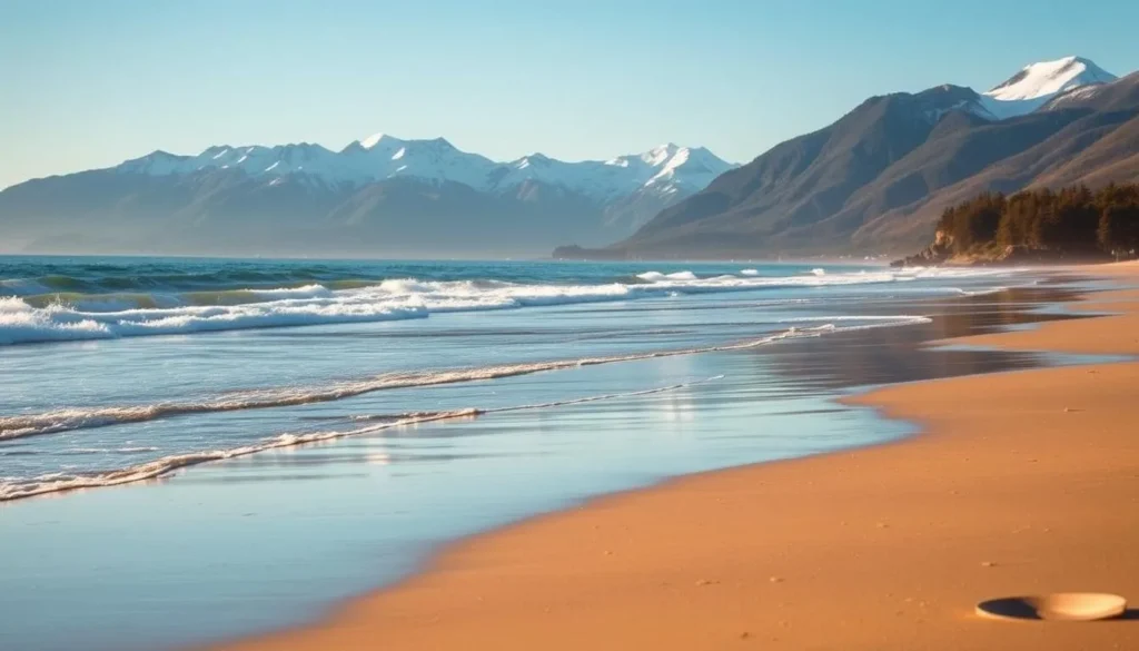 A picturesque seaside scene of Homer, Alaska's stunning beaches. In the foreground, sun-dappled golden sand stretches out, inviting visitors to stroll along the shoreline. In the middle ground, gentle waves lap against the shore, their rhythmic motion creating a soothing ambiance. Towering mountains rise in the background, their snow-capped peaks casting a majestic backdrop to the tranquil coastal setting. Warm, natural lighting bathes the scene, capturing the serene and inviting atmosphere of Homer's beautiful beaches.