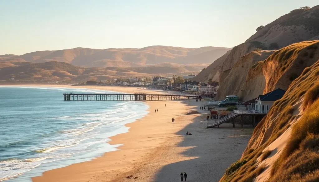 A picturesque seaside town nestled along the central California coast, Pismo Beach exudes a charming, laid-back atmosphere. Capture the rolling sand dunes and rugged cliffs that frame the azure waters of the Pacific Ocean. In the foreground, depict beachgoers strolling along the iconic wooden pier, their silhouettes bathed in warm, golden sunlight. In the middle ground, showcase the quaint downtown area with its colorful shops and restaurants, conveying a sense of local character and vibrancy. In the distance, render the undulating hills and lush vegetation that create a scenic backdrop, evoking the natural beauty that defines this coastal gem. Compose the scene with a soft, dreamlike quality, imbuing it with a sense of tranquility and timelessness that captures the essence of Pismo Beach.