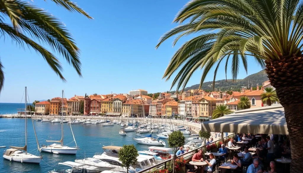 A picturesque seaside town nestled along the sparkling azure waters of the French Riviera. Quaint colorful buildings and charming architecture line the promenade, their terracotta roofs and pastel facades basking in the warm Mediterranean sun. Sailboats and yachts dot the harbor, their masts swaying gently in the coastal breeze. In the foreground, a bustling outdoor café with patrons sipping espresso and enjoying the stunning vista. Palm trees sway overhead, casting playful shadows on the lively scene below. Capture the essence of this idyllic Mediterranean haven, showcasing the alluring beauty and timeless appeal of the French Riviera.