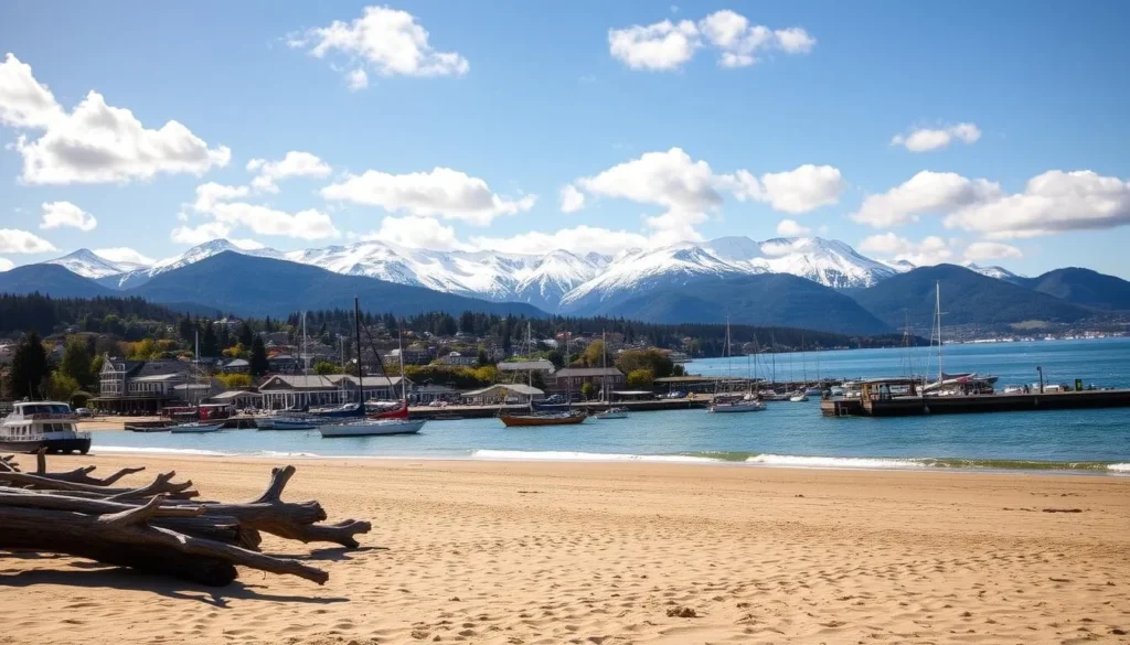 A picturesque seaside town nestled between the majestic Olympic Mountains and the sparkling waters of the Salish Sea. A wide, sandy beach lined with driftwood and lapped by gentle waves. In the foreground, sailboats and kayaks dot the harbor, their sails catching the soft breeze. The middle ground features the charming downtown, with its historic buildings and quaint shops. In the background, the snow-capped peaks of the Olympic Peninsula rise majestically, framed by a brilliant azure sky dotted with fluffy white clouds. Warm sunlight bathes the scene, creating a serene and inviting atmosphere. This is the essence of Port Angeles, the gateway to the stunning natural wonders of the Olympic National Park.