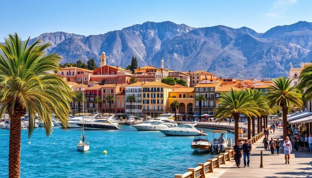 A picturesque seaside town nestled in the rugged beauty of Corsica's coast, Ajaccio's charming promenade is lined with palm trees and iconic Mediterranean architecture. In the foreground, people stroll along the waterfront, admiring the sparkling azure waters and sleek yachts moored in the harbor. The middle ground features the town's historic buildings, their pastel facades and terracotta roofs glowing warmly under the bright, natural lighting. In the distance, the dramatic mountains rise up, their snow-capped peaks creating a majestic backdrop. The overall mood is one of relaxation and tranquility, inviting visitors to soak in the idyllic atmosphere of this picturesque French town.