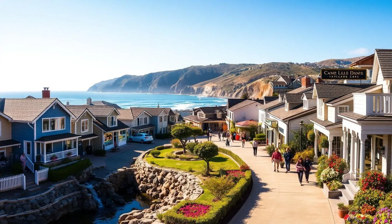 A picturesque seaside village in Carmel-by-the-Sea, California, on a bright, sun-drenched day. Quaint cottages and charming storefronts line the streets, their colorful facades reflecting in the calm waters of the nearby cove. Pedestrians stroll along the sidewalks, admiring the stunning coastal vistas and the lush, flower-filled gardens that dot the landscape. In the distance, the majestic cliffs of the Carmel Highlands rise up, their rugged beauty framing the scene. The warm, golden light bathes the entire setting, creating a serene and inviting atmosphere that captures the essence of this idyllic, coastal retreat.