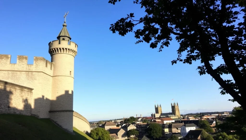 A picturesque section of Exeter's ancient city walls, bathed in warm afternoon sunlight. The sturdy, crenelated stone ramparts stretch along the hillside, framed by a clear blue sky. In the foreground, a well-preserved tower stands watch, its ornate architecture and weathered gray facade lending an air of medieval grandeur. The middle ground reveals a tranquil view of the city's historic streets and rooftops, hinting at the vibrant life within. Lush greenery and the distant cathedral spires create a serene, timeless atmosphere, transporting the viewer to Exeter's storied past.