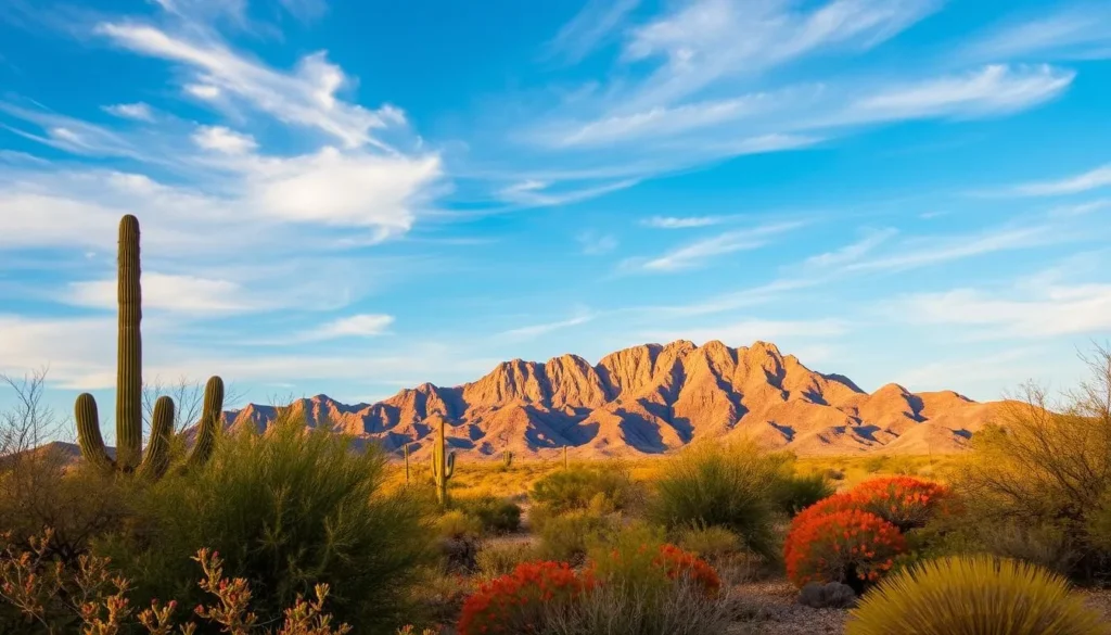 A picturesque southwestern landscape in Tucson, Arizona on a clear, sunny day. In the foreground, a desert cacti and shrub-dotted scene with vibrant hues of green, ochre, and terracotta. In the middle ground, the majestic Santa Catalina Mountains rise up, their rugged peaks bathed in warm, golden light. In the distance, a bright blue sky with wispy clouds drifts overhead, casting soft shadows over the terrain. The overall mood is one of tranquility and natural beauty, capturing the essence of Tucson's weather-friendly climate.