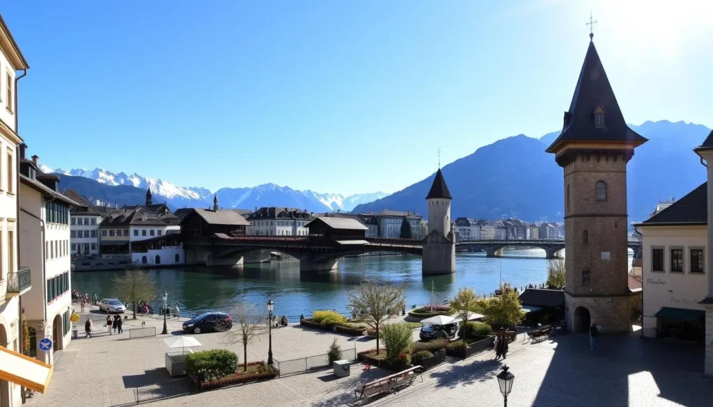 A picturesque square in the heart of Lucerne, Switzerland, under a bright, warm sun. In the foreground, cobblestone streets and charming buildings with ornate facades. In the middle ground, the iconic Chapel Bridge and Water Tower, their wooden beams and triangular roofs reflected in the calm waters of the Reuss River. In the background, the majestic Swiss Alps rise up, their snow-capped peaks contrasting with the clear blue sky. The scene exudes a sense of tranquility and timelessness, inviting the viewer to stroll along the riverbanks and explore the historic charm of this enchanting Swiss city.