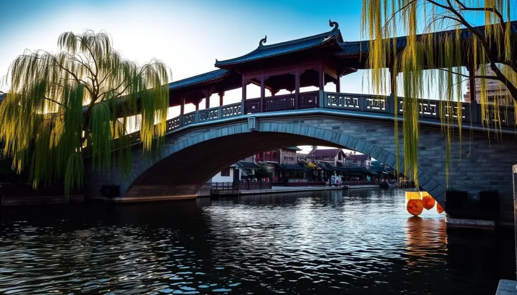 A picturesque stone bridge arches gracefully over a tranquil canal in the ancient water town of Zhujiajiao. The iconic Fangsheng Bridge, with its elegant timber structure and ornate stone railings, is bathed in warm sunlight that dances across the gently rippling water. Elegant willow trees sway in the soft breeze, casting dappled shadows on the bridge and the surrounding buildings. In the distance, traditional Chinese architecture lines the canal, creating a serene and timeless scene. Capture the bridge's architectural beauty and the serene atmosphere of this historic landmark.