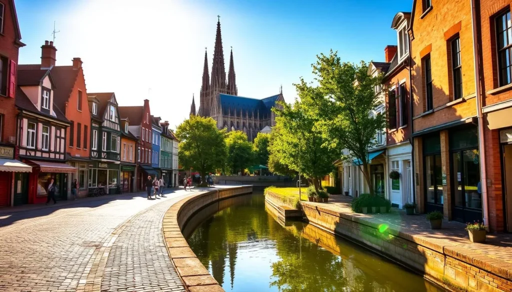 A picturesque street in Amiens, France, bathed in warm, golden sunlight on a pleasant day. In the foreground, quaint, multi-colored buildings line the cobblestone road, their charming facades reflected in the tranquil waters of a small canal. A few pedestrians stroll leisurely, taking in the historic ambiance. In the middle ground, the spires of the magnificent Amiens Cathedral rise majestically, its intricate Gothic architecture standing as a testament to the city's rich heritage. In the background, lush greenery and a clear, azure sky complete the idyllic scene, inviting viewers to imagine themselves immersed in the serene atmosphere of a day trip to Amiens.
