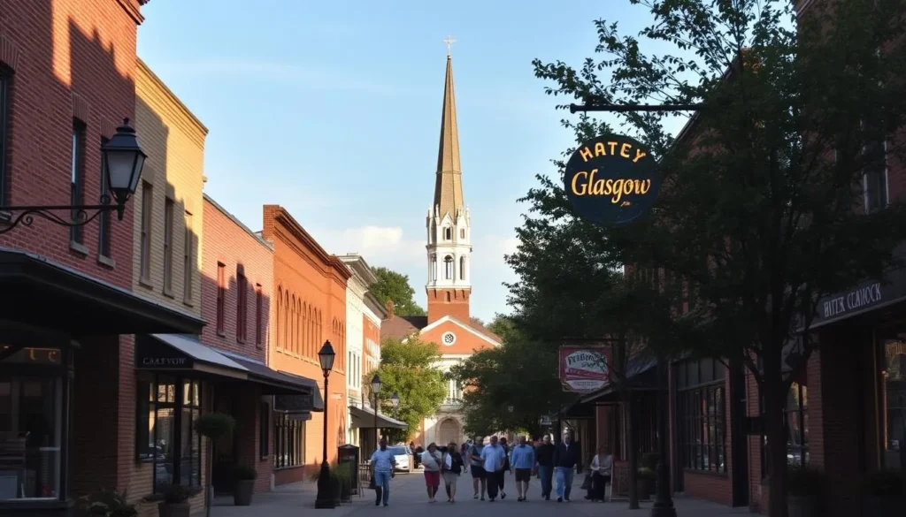 A picturesque street in downtown Glasgow, Kentucky on a sunny afternoon. In the foreground, quaint brick buildings with charming storefront facades line the sidewalks, their antique charm accentuated by vintage street lamps and potted plants. In the middle ground, a group of locals stroll along the tree-lined street, adding to the relaxed, friendly atmosphere. In the background, the steeple of a historic church peeks out, creating a harmonious blend of old and new. The lighting is warm and golden, casting a soft glow over the scene and highlighting the town's welcoming character. Capture the essence of Glasgow's small-town allure through this tranquil, inviting snapshot.