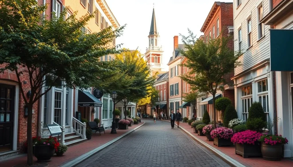 A picturesque street in historic Salem, Massachusetts, featuring well-preserved 18th and 19th-century New England architecture. Elegant Federal-style homes and shops line the cobblestone sidewalks, their brick facades and white trim bathed in warm afternoon sunlight. Lush trees and blooming flower beds add splashes of color, creating a charming, quintessential New England scene. Capture the area's unique blend of colonial history and modern charm, with pedestrians strolling along the tranquil street. Use a wide-angle lens to showcase the depth and grandeur of this architecturally significant neighborhood.