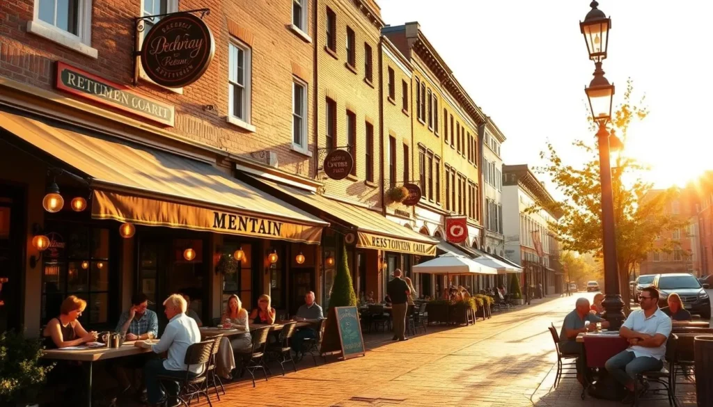 A picturesque street in the charming city of Dover, Delaware, with a row of cozy restaurants and eateries lining the sidewalks. The sun casts a warm, golden glow over the scene, illuminating the inviting facades and outdoor seating areas. Tables are neatly set, with people enjoying delicious local cuisine and lively conversations. In the background, historic buildings and a few swaying trees add to the quaint, welcoming atmosphere. The camera captures this lively dining scene from a slightly elevated angle, showcasing the vibrant energy and diverse culinary offerings of Dover's best restaurants.