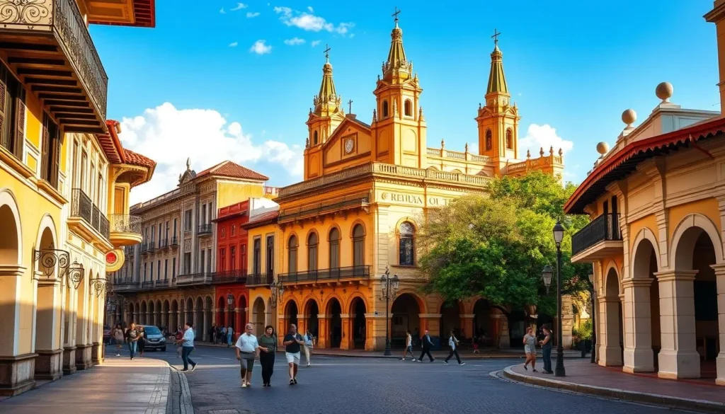 A picturesque street in the historic center of Ponce, Puerto Rico, bathed in warm, golden sunlight. Elegant colonial-style buildings line the sidewalks, their ornate facades and intricate architectural details reflecting the city's rich heritage. Wrought-iron balconies, colorful tiled roofs, and arched doorways create a charming, timeless ambiance. Pedestrians stroll leisurely, adding a sense of life and activity to the scene. In the background, a majestic cathedral with its towering spires dominates the skyline, a testament to Ponce's deep-rooted religious traditions. The image captures the essence of the city's historic architecture, inviting the viewer to explore its well-preserved past.