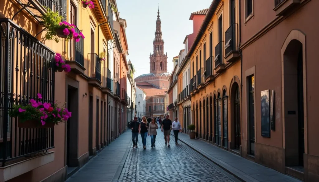 A picturesque street in the historic center of Seville, Spain. The foreground features colorful, flower-adorned balconies and wrought-iron window grilles. In the middle ground, pedestrians stroll along the cobblestone pavement, while traditional Spanish architecture with terracotta roofs lines the street. In the background, a bell tower or cathedral spire rises, casting long shadows in the warm, afternoon sunlight. The scene exudes a sense of tranquility and old-world charm, capturing the essence of Seville's rich cultural heritage and inviting the viewer to explore its enchanting sights.