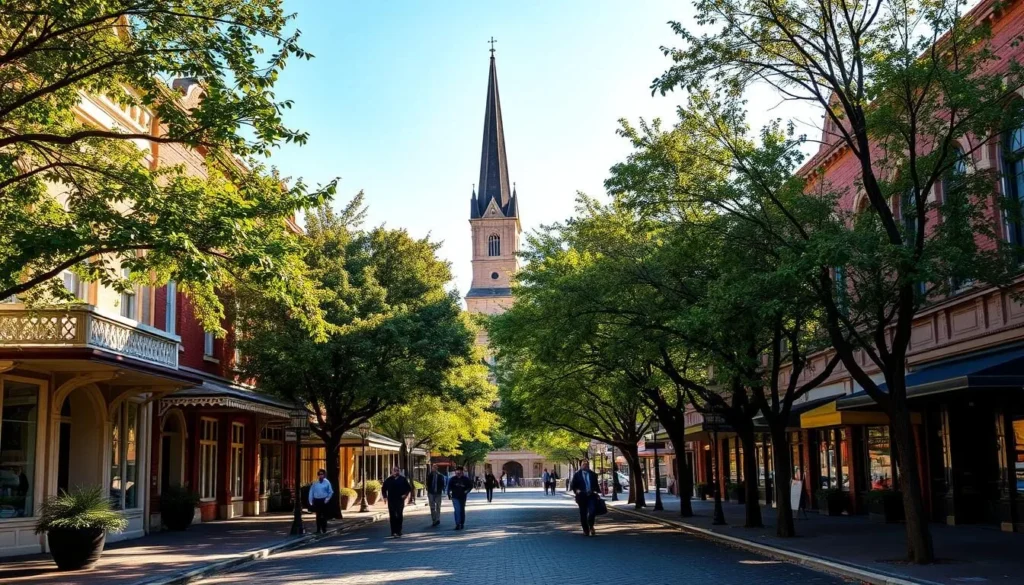 A picturesque street in the historic heart of Wagga Wagga, New South Wales. Charming heritage-listed buildings line the sidewalks, their ornate facades bathed in warm afternoon sunlight. Lush trees cast dappled shadows on the cobblestone pavement, adding to the tranquil atmosphere. In the distance, the steeple of a grand old church rises majestically. Pedestrians stroll leisurely, immersed in the town's timeless ambiance. The scene evokes a sense of timeless elegance and a connection to the region's storied past.