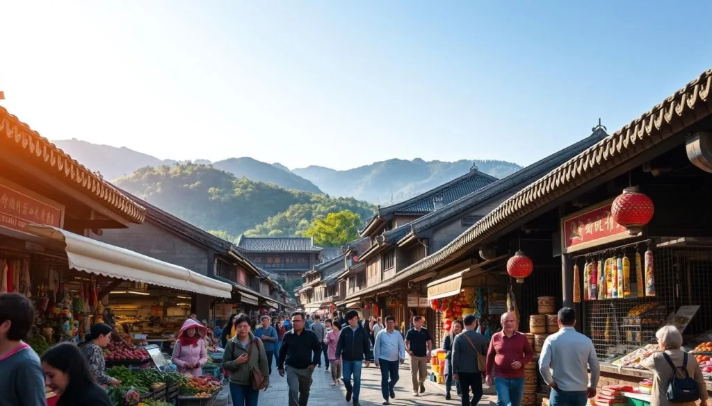 A picturesque street scene in Kunming, the capital of Yunnan province, China. In the foreground, local residents stroll along a bustling market, browsing vibrant stalls overflowing with fresh produce, handicrafts, and street food. In the middle ground, traditional Chinese architecture with tiled roofs and intricate carvings lines the street, creating a charming and authentic atmosphere. The background is framed by lush, rolling hills and a clear, azure sky, bathed in warm, golden sunlight that casts a welcoming glow over the entire scene. The overall mood is one of cultural richness, scenic beauty, and a welcoming, vibrant energy, capturing the essence of Kunming as a captivating travel destination.