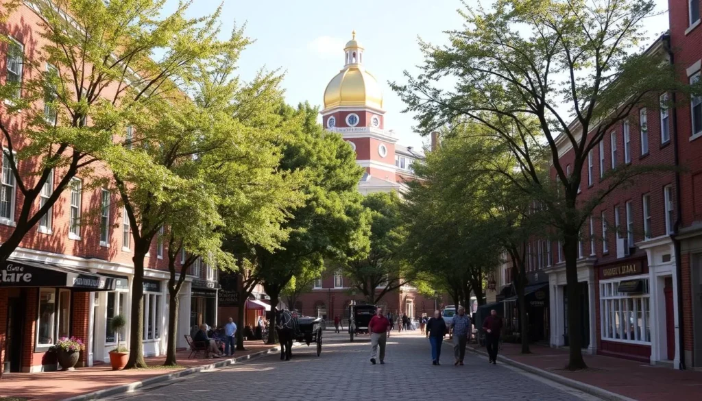 A picturesque street scene in the historic district of Dover, Delaware, on a pleasant sunny day. Charming colonial-style buildings line the cobblestone street, their red brick facades and white trim shimmering in the warm light. Tall, mature trees casting soft, dappled shadows create a tranquil atmosphere. In the foreground, quaint shops and cafes beckon, their inviting storefronts and window displays hinting at the district's vibrant character. The middle ground features a mix of pedestrians and horse-drawn carriages, capturing the district's timeless, nostalgic ambiance. In the background, the stately golden-domed Legislative Hall, the seat of Delaware's government, stands as a proud centerpiece, completing the historic, picturesque scene.