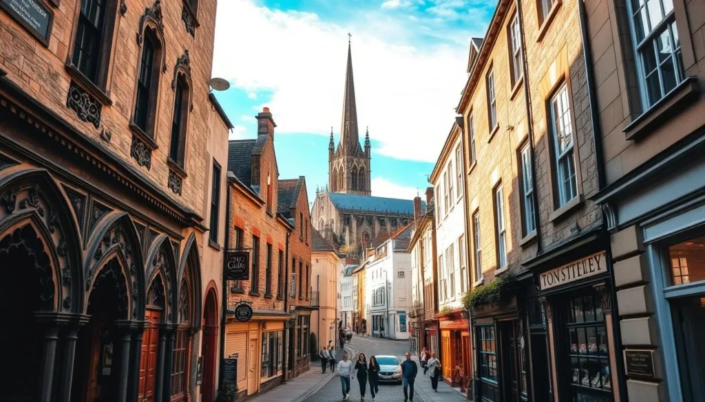 A picturesque streetscape in the historic city of Exeter, England, bathed in warm afternoon sunlight. In the foreground, intricately carved stone facades of ancient buildings, their weathered details hinting at centuries of stories. In the middle ground, cobblestone lanes winding between quaint shops and pubs, pedestrians strolling leisurely. In the background, the soaring spires of Exeter Cathedral pierce the azure sky, a majestic symbol of the city's rich heritage. Capture the timeless charm and unique historical character of this enchanting destination, showcasing Exeter's most captivating curiosities.