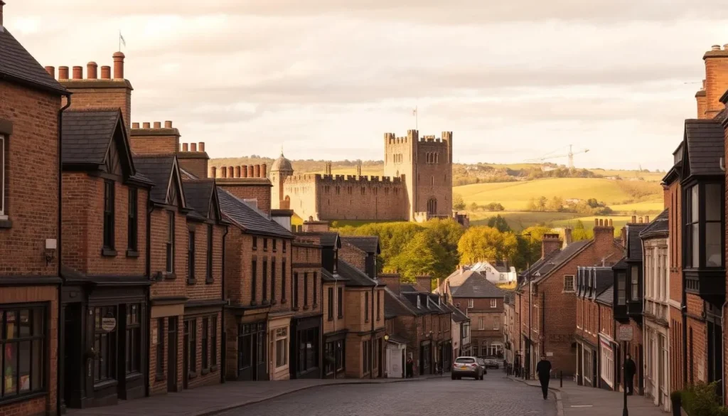 A picturesque streetscape in the historic city of Lancaster, England, under a warm, golden-hued sky. In the foreground, cobblestone streets and charming brick buildings with ornate facades evoke the city's rich heritage. Middle ground features the iconic Lancaster Castle, its towering stone walls and turrets standing tall, a testament to the region's medieval past. In the background, rolling hills and lush greenery provide a serene, pastoral backdrop, completing the quintessential English landscape. Soft, diffused lighting casts a romantic, nostalgic atmosphere over the entire scene, inviting the viewer to step back in time and explore Lancaster's storied history.