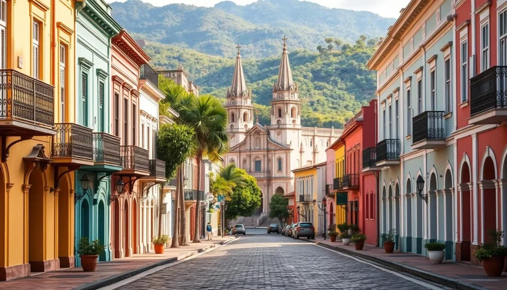 A picturesque streetscape in the historic city of Ponce, Puerto Rico, bathed in the warm glow of the afternoon sun. In the foreground, vibrant colonial-style buildings with intricate facades and balconies line the cobblestone streets, exuding a sense of timeless charm. The middle ground features the iconic Ponce Cathedral, its towering spires and ornate architecture standing as a testament to the city's rich cultural heritage. In the background, lush tropical foliage and rolling hills create a lush, verdant backdrop, hinting at the natural beauty that surrounds this gem of the Caribbean. The scene conveys a peaceful, tranquil atmosphere, inviting the viewer to step back in time and explore the captivating history of Ponce, the "Pearl of the South."