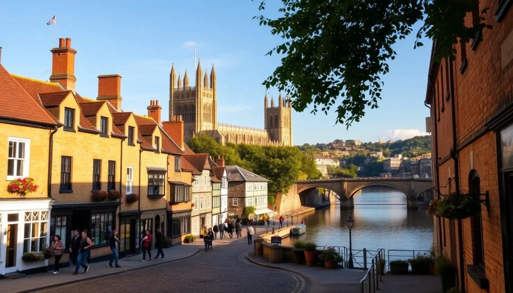A picturesque streetscape in the historic city of York, England, bathed in warm, golden afternoon light. In the foreground, quaint buildings with charming Tudor-style architecture line a cobblestone street, their facades adorned with colorful flower boxes and hanging baskets. In the middle ground, the iconic York Minster cathedral rises majestically, its Gothic spires reaching skyward. Pedestrians stroll leisurely, taking in the sights and atmosphere of this quintessential English city. The background features a tranquil river, its still waters reflecting the surrounding architecture. An idyllic scene that captures the essence of planning a delightful visit to York.