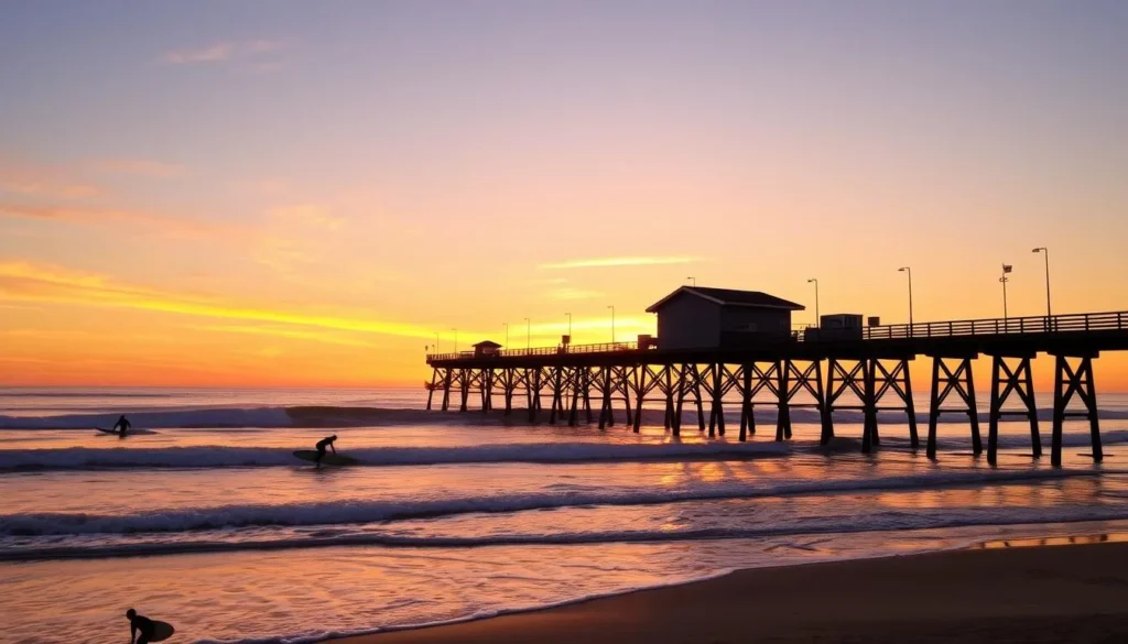 A picturesque sunset view of the iconic Huntington Beach Pier, with its long wooden structure stretching out into the shimmering Pacific Ocean. The sky is ablaze with warm hues of orange, pink, and golden light, reflecting off the gently lapping waves. In the foreground, silhouetted surfers ride the last waves of the day, their boards cutting gracefully through the water. The pier's supporting beams cast long shadows on the sandy beach, adding depth and drama to the scene. The atmosphere is serene and tranquil, capturing the quintessential Southern California coastal ambiance.