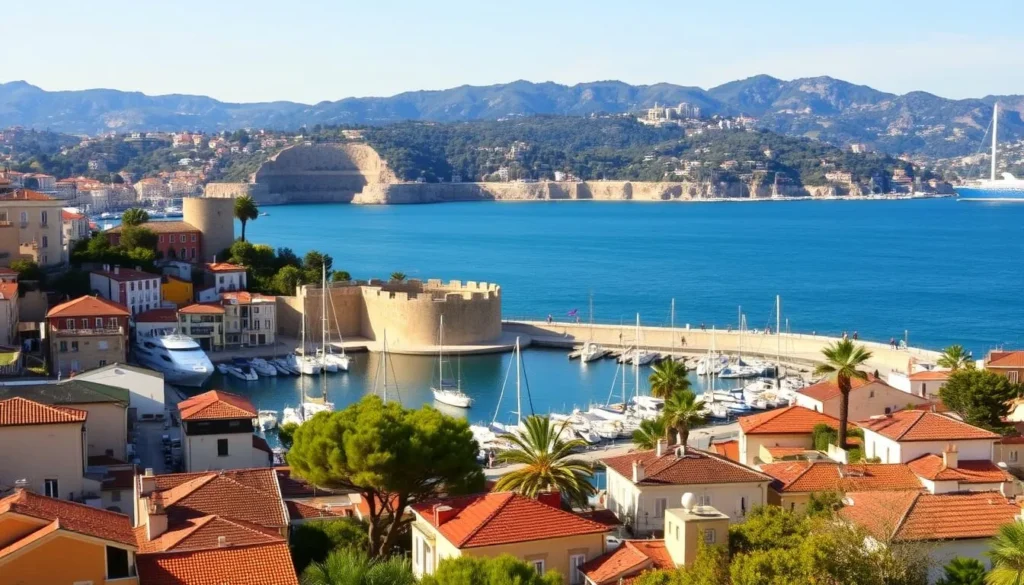 A picturesque town nestled along the French Riviera, Antibes offers a charming coastal scene. Capture the quaint architecture of the Old Town, with its pastel-hued buildings and winding alleyways. In the foreground, depict the scenic harbor, dotted with yachts and sailboats gently swaying in the breeze. In the middle ground, showcase the iconic ramparts and citadel, standing as sentinels overlooking the azure waters of the Mediterranean. In the background, paint a stunning vista of the Côte d'Azur, with its rugged cliffs and lush, verdant hills rolling towards the horizon. Bathe the entire scene in warm, golden sunlight, evoking a sense of tranquility and joie de vivre that embodies the spirit of this beloved French town.