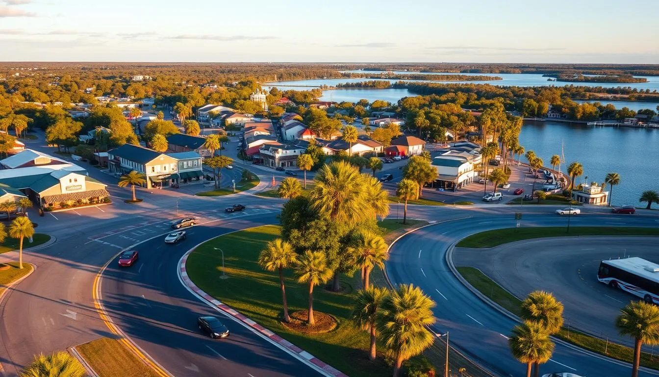 A picturesque town nestled in central Florida, Sebring showcases its charm and natural beauty. In the foreground, capture the iconic Sebring International Raceway, with sleek racing cars speeding around the circuit. In the middle ground, depict the charming downtown area, with quaint shops, cafes, and historic buildings lining the streets. In the background, showcase the serene Lake Sebring, its calm waters reflecting the surrounding palm trees and blue skies. Utilize a warm, golden-hour lighting to create a tranquil, inviting atmosphere. Shoot this scene with a wide-angle lens to encompass the diverse attractions of this vibrant Florida town.