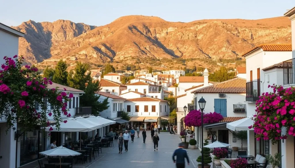 A picturesque town nestled in the mountains of Greece, Delphi's charming streets are lined with white-washed buildings, terracotta roofs, and vibrant bougainvillea. In the foreground, a bustling town square is dotted with outdoor cafes, their umbrellas casting dappled shadows. The middle ground reveals quaint shops and local artisans, while the background is dominated by the majestic slopes of Mount Parnassus, bathed in warm, golden sunlight. A tranquil, pedestrian-friendly atmosphere pervades the scene, inviting exploration and discovery beyond the renowned archaeological site.