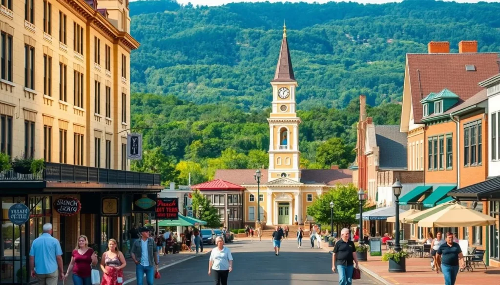 A picturesque town nestled in the rolling hills of Indiana, French Lick exudes a charming, vintage ambiance. Capture the historic architecture of the grand French Lick Springs Hotel, its elegant facade bathed in warm afternoon sunlight. In the foreground, a bustling street scene with locals and tourists strolling past quaint shops and cafes, their laughter and chatter filling the air. The middle ground showcases the scenic town square, where a striking Victorian-style clock tower stands as a timeless centerpiece. In the distance, the verdant forests and rolling hills of the surrounding countryside create a serene, postcard-worthy backdrop. Convey a sense of tranquility and timelessness, inviting the viewer to discover the enduring appeal of this picturesque Hoosier town.