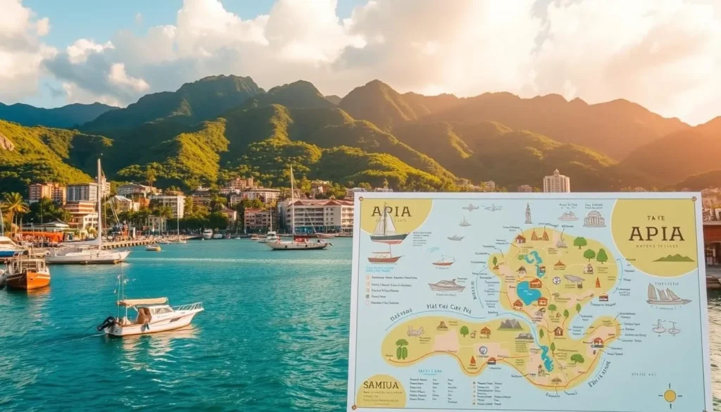 A picturesque travel guide for Apia, the vibrant capital of Samoa. Set against a backdrop of lush, verdant hills, the city's bustling harbor comes into view, with traditional Samoan boats bobbing gently on the turquoise waters. In the foreground, a well-designed map highlights key landmarks and attractions, inviting the viewer to explore the city's rich cultural heritage. The scene is bathed in warm, golden sunlight, creating a welcoming and serene atmosphere. The overall composition conveys a sense of adventure and discovery, perfectly capturing the essence of Apia as a must-visit destination for travelers.