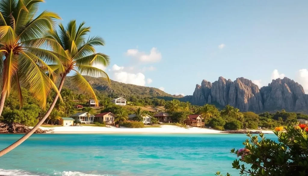 A picturesque tropical island landscape of Cayman Brac, with its distinctive limestone cliffs and lush, verdant foliage. In the foreground, a tranquil turquoise bay laps against the pristine white sand beach. Palm trees sway gently in the warm breeze, casting soft, dappled shadows. The middle ground features rolling hills dotted with vibrant wildflowers and quaint, traditional island homes. In the distance, the dramatic limestone bluffs rise majestically, their rugged, weathered faces glowing in the warm, golden sunlight. The scene exudes a sense of peaceful, laidback island living, inviting the viewer to experience the natural beauty and charm of this lesser-known Cayman Island.