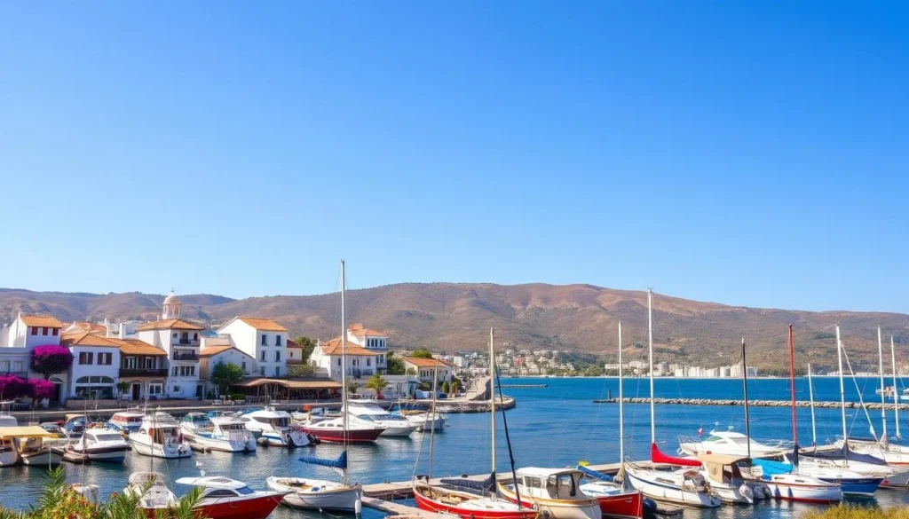 A picturesque view of Aegina Island's main town, Aegina Port, on a sunny day. In the foreground, colorful fishing boats and yachts are docked at the bustling harbor. In the middle ground, whitewashed buildings with terracotta roofs line the waterfront, their facades adorned with bougainvillea. In the background, the island's rolling hills and olive groves create a lush, verdant backdrop. The scene is bathed in warm, golden light, conveying a sense of tranquility and Mediterranean charm. A perfect representation of the ideal one-day itinerary for exploring this picturesque Greek island.